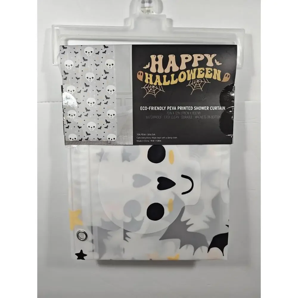 Happy Halloween Shower Curtain Eco Peva 70”x 72” Bats Skulls Stars Moon NWT